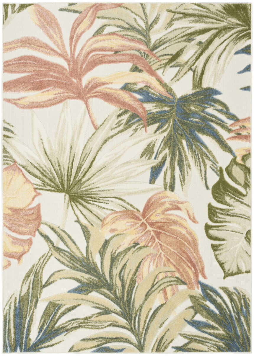 Close-up of the Nourison Aloha Ivory Green rug, showcasing a detailed tropical leaf pattern in chestnut, green, and ivory.