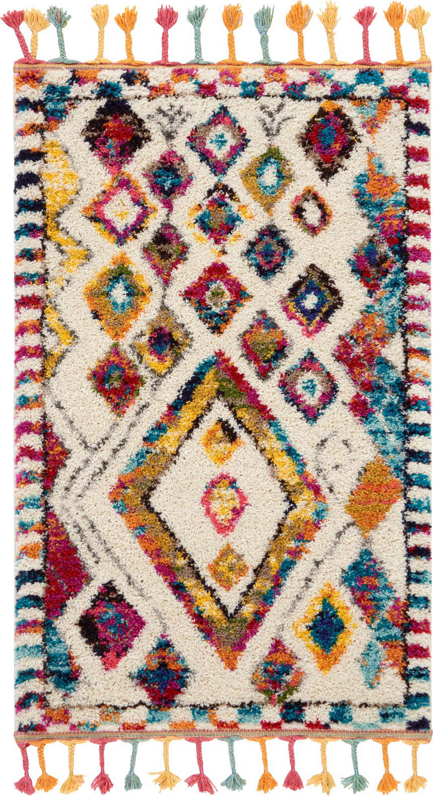 Close-up of Nourison Nomad Ivory Multicolor Tribal Area Rug with diamond pattern and colorful tassels.