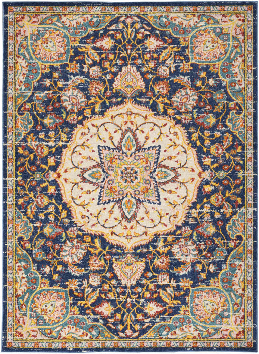 Close-up of Nourison Passion Navy Multicolor rug. Features floral, transitional design in navy, cream, yellow, and teal.
