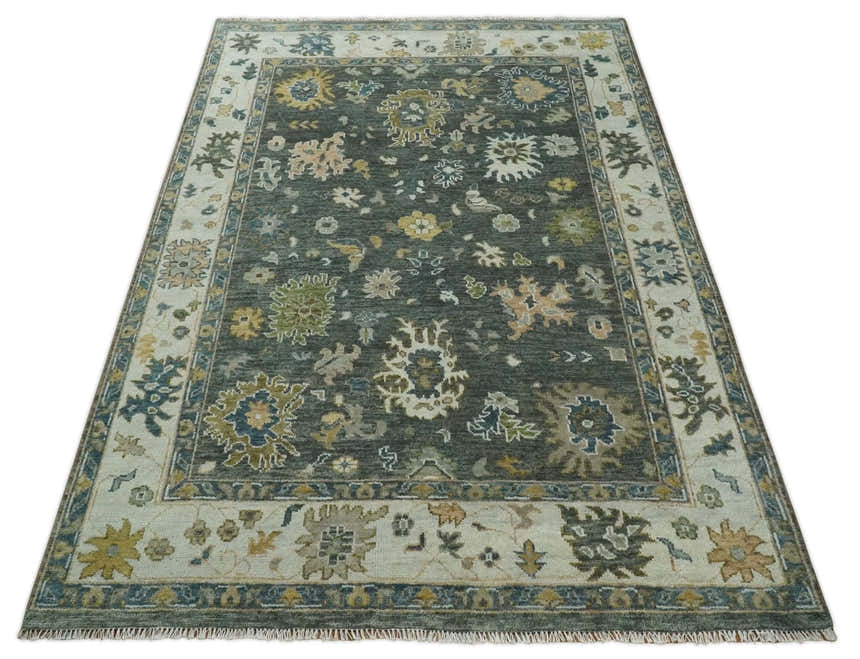 Charcoal and Ivory Hand Knotted Traditional Oushak Custom Made Wool Area Rug