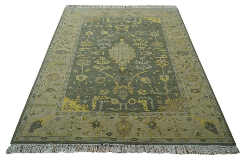 Charcoal, Olive and Mustard Hand knotted Oriental Oushak Custom Made wool Area Rug