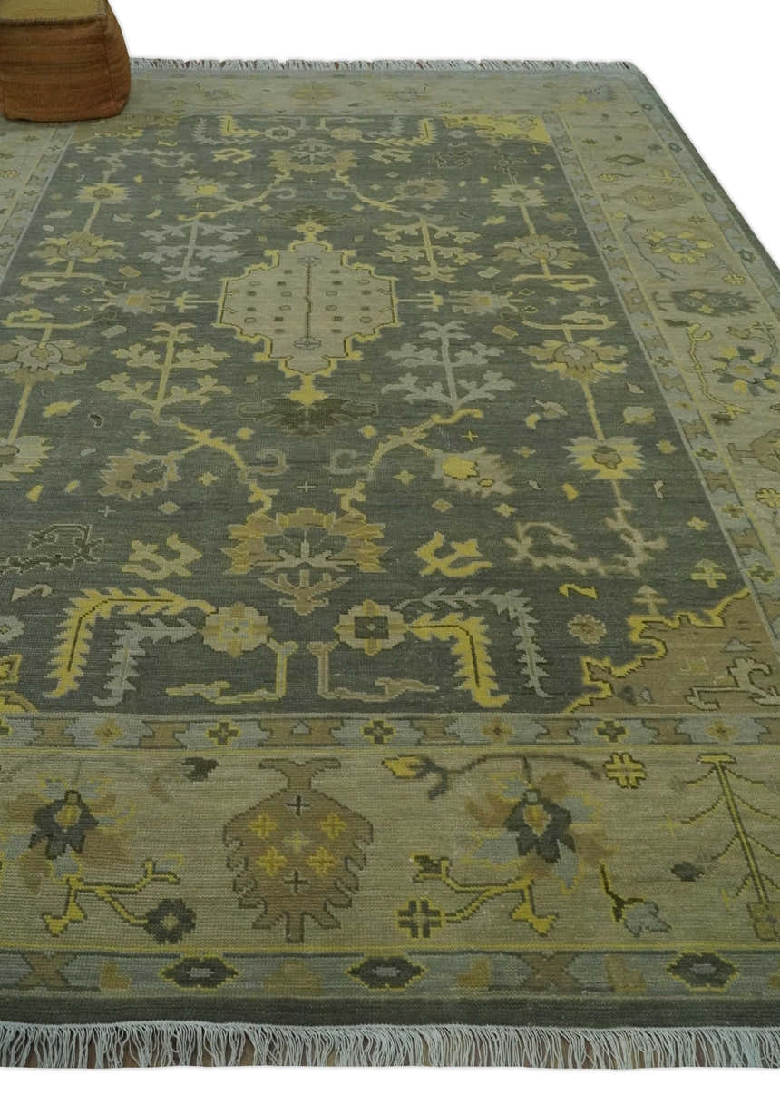 Charcoal, Olive and Mustard Hand knotted Oriental Oushak Custom Made wool Area Rug