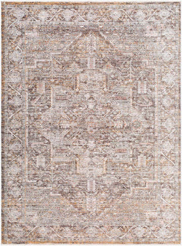 Close-up of the Clovia Area Rug. Traditional design in black, gray, ivory, medium brown, and taupe hues. Design-Rectangle-679