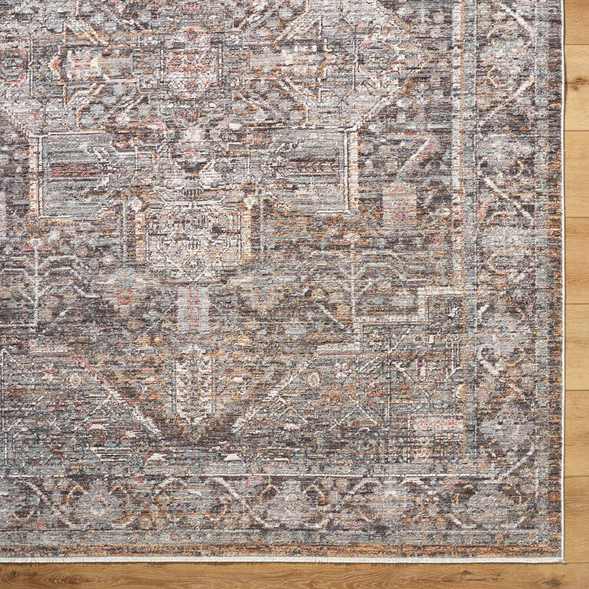 Close-up of the Clovia Area Rug showcasing its traditional pattern in black, gray, ivory, and brown tones. Swatch