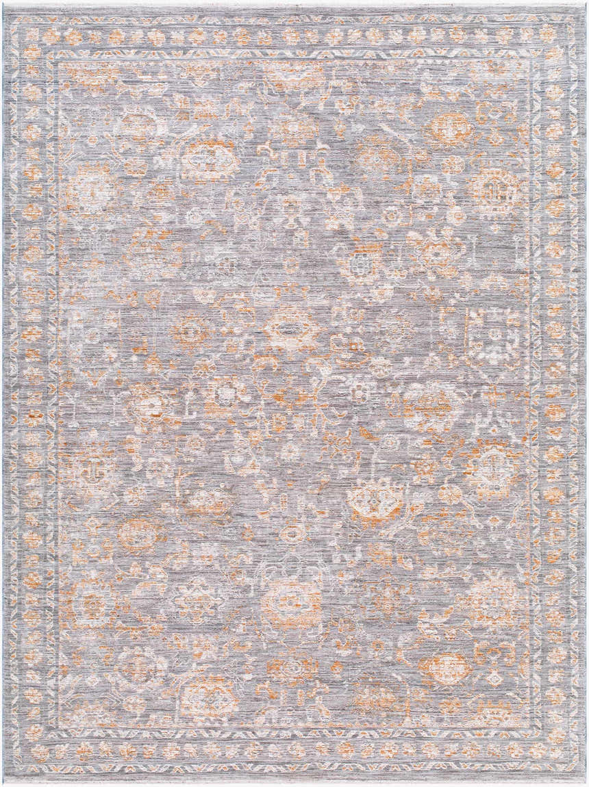 Detailed floral pattern of the Bayram Area Rug in gray, ivory, and brown. Farmhouse traditional style. Design-Rectangle-679