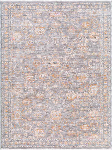 Detailed floral pattern of the Bayram Area Rug in gray, ivory, and brown. Farmhouse traditional style. Design-Rectangle-679
