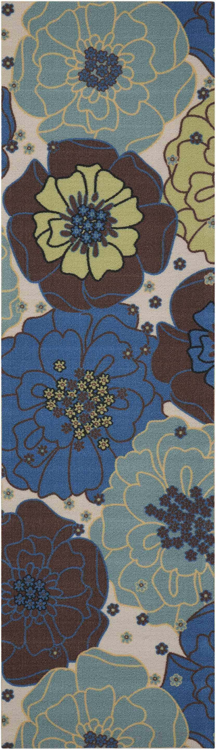 Close-up of the Nourison Home & Garden Light Blue rug, featuring a large floral pattern in blue, brown, and green hues.