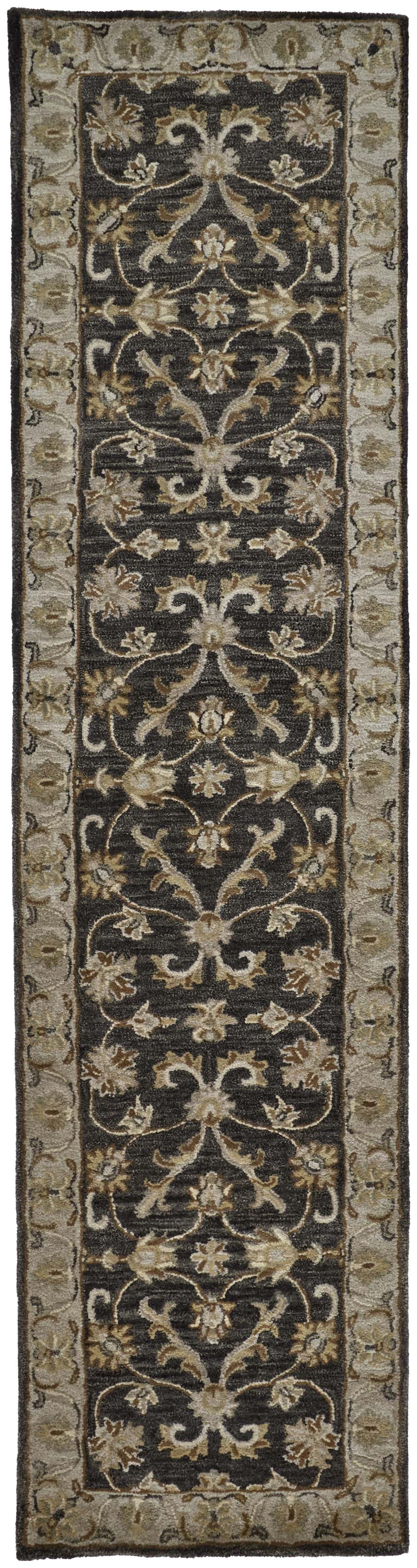 Close-up of Feizy Eaton rug runner. Traditional Persian floral design in blue, gray, and taupe wool. Hand-tufted texture. Design-Runner