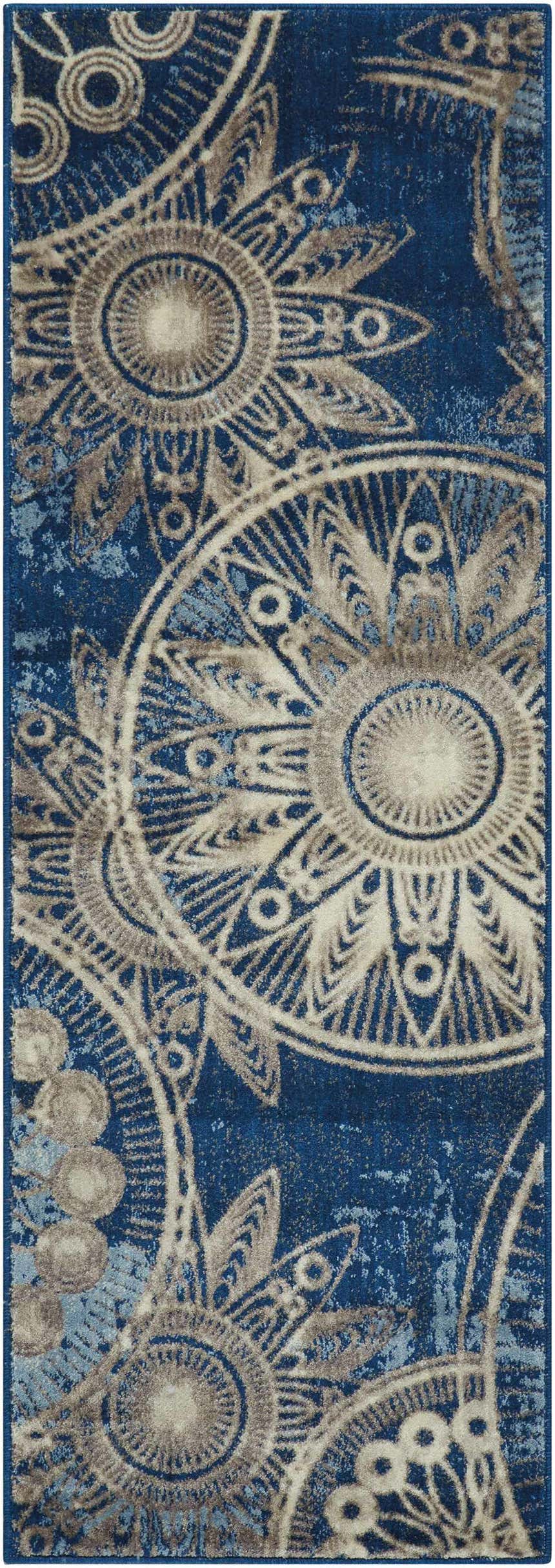 Close-up of the Nourison Somerset Denim Rug showing a detailed floral medallion pattern in denim blue, beige, and gray.