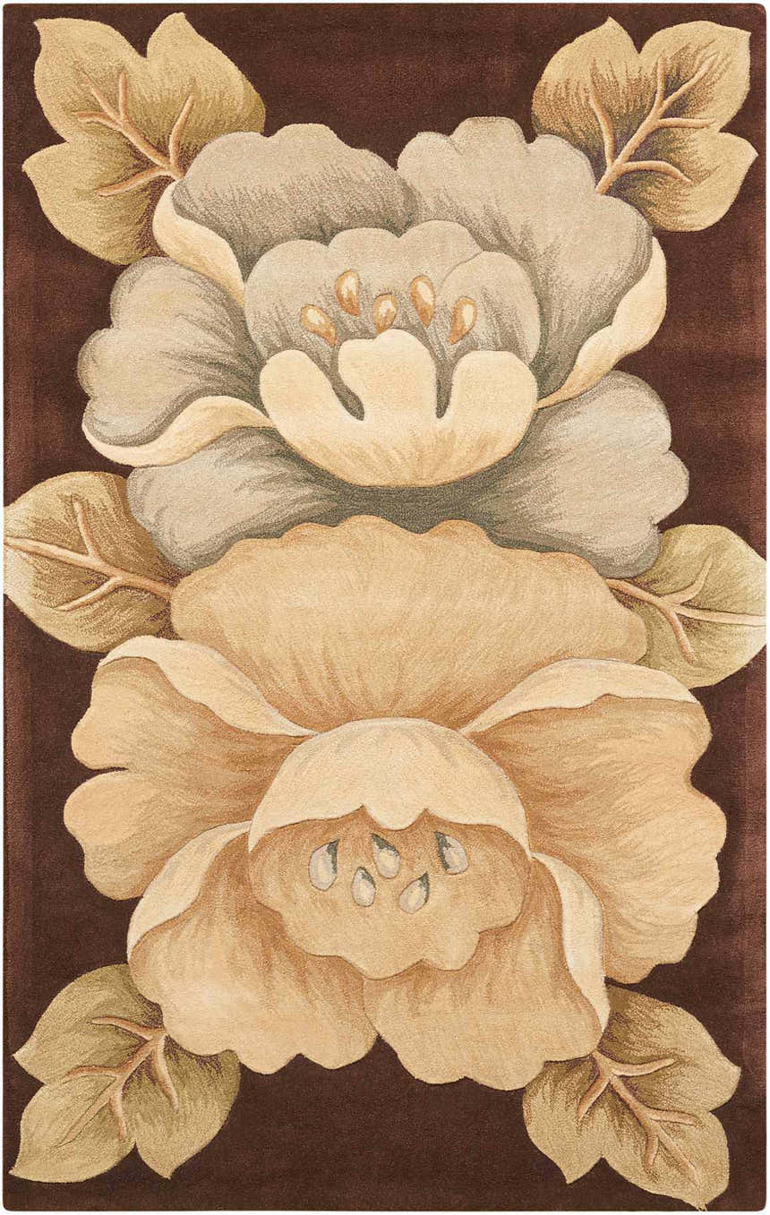 Close-up of the Nourison Tropics Brown area rug. Features a floral pattern in shades of brown, beige, and cream.
