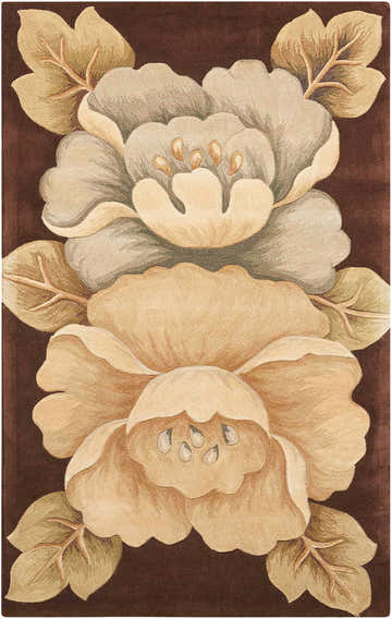 Close-up of the Nourison Tropics Brown area rug. Features a floral pattern in shades of brown, beige, and cream.