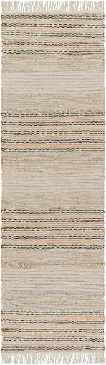 Close-up of the Calinog rug. A hand-woven rug with beige, tan, green, and charcoal stripes and fringe. Farmhouse style. Design-Runner-268