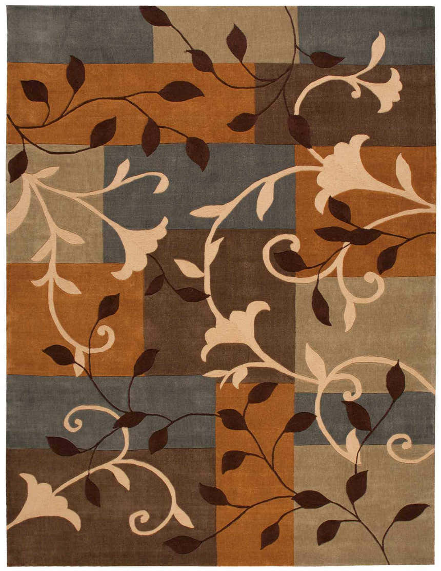 Close-up of Nourison Contour Multicolor Floral rug featuring brown leaves and beige floral design on a geometric multicolor background.