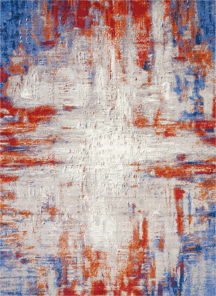 Close-up of the Nourison Twilight Ivory Multicolor rug with chestnut, blue, and ivory abstract design.