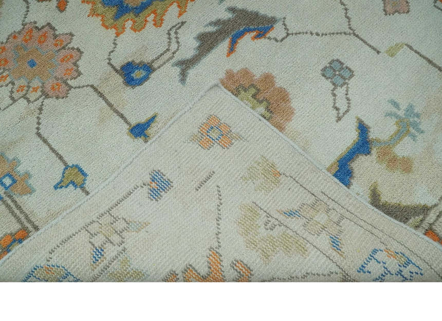 Colorful Ivory, Blue, Orange and Olive Hand Knotted Traditional Oriental Oushak Custom Made wool area Rug