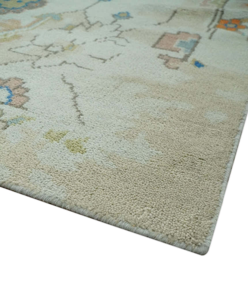 Colorful Ivory, Blue, Orange and Olive Hand Knotted Traditional Oriental Oushak Custom Made wool area Rug