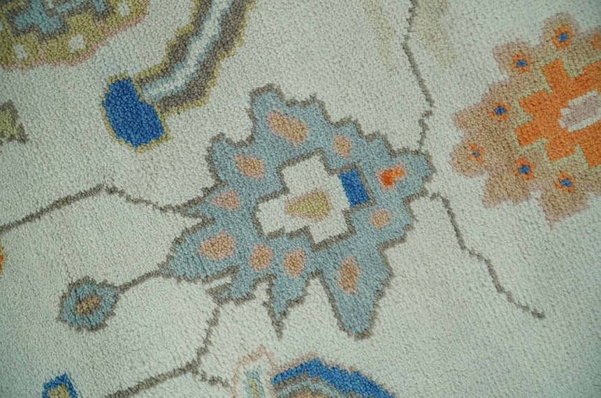 Colorful Ivory, Blue, Orange and Olive Hand Knotted Traditional Oriental Oushak Custom Made wool area Rug