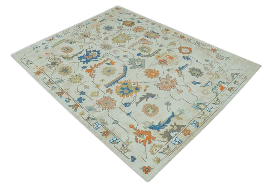 Colorful Ivory, Blue, Orange and Olive Hand Knotted Traditional Oriental Oushak Custom Made wool area Rug