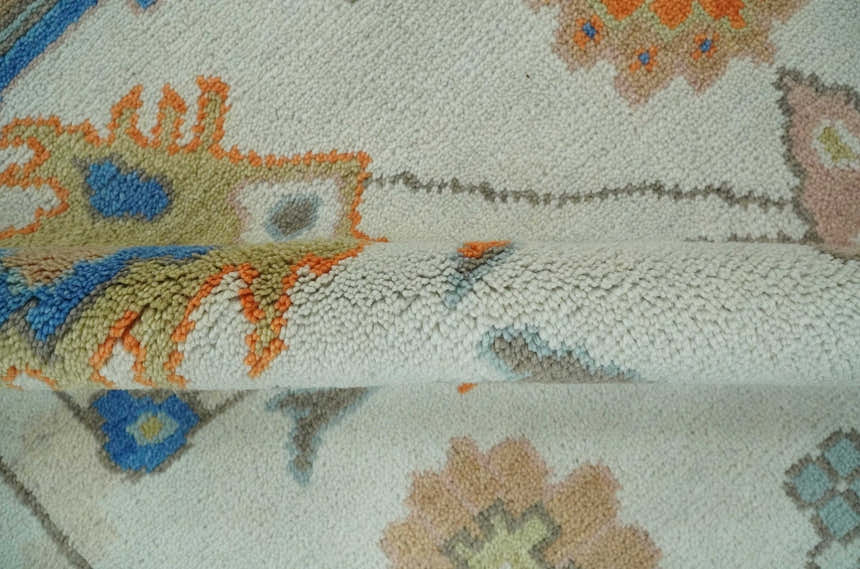 Colorful Ivory, Blue, Orange and Olive Hand Knotted Traditional Oriental Oushak Custom Made wool area Rug