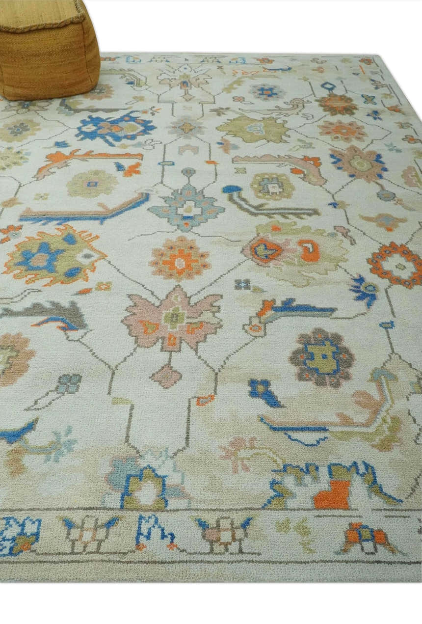 Colorful Ivory, Blue, Orange and Olive Hand Knotted Traditional Oriental Oushak Custom Made wool area Rug