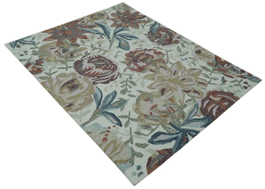 Colorful Ivory, Olive and Brown Floral Design Hand Tufted Custom Made wool Rug