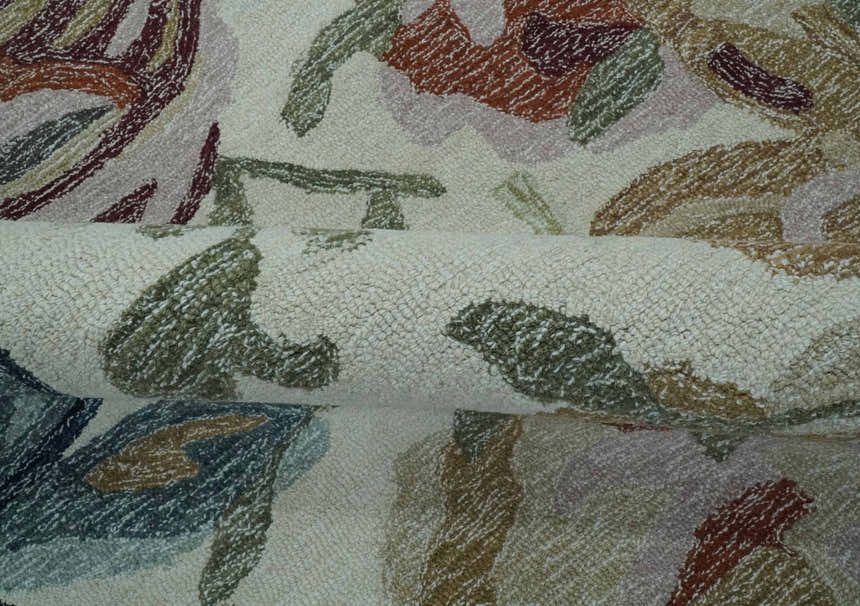 Colorful Ivory, Olive and Brown Floral Design Hand Tufted Custom Made wool Rug