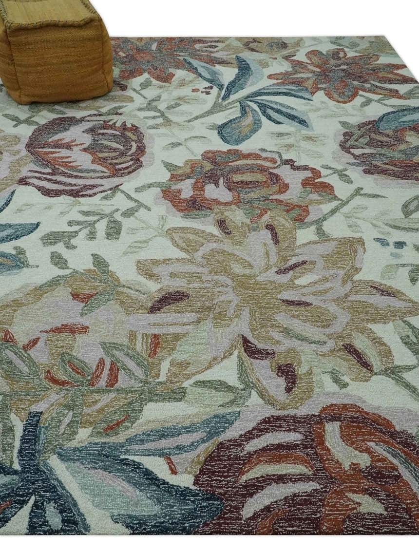 Colorful Ivory, Olive and Brown Floral Design Hand Tufted Custom Made wool Rug