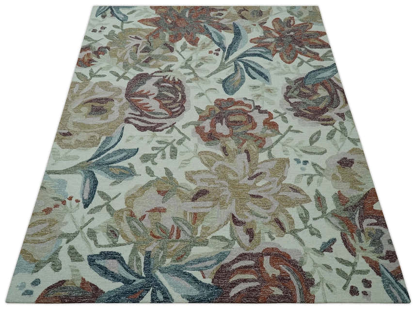 Colorful Ivory, Olive and Brown Floral Design Hand Tufted Custom Made wool Rug