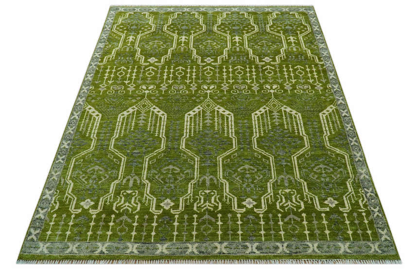 Contemporary Traditional Design Green And Beige Hand Knotted Custom Made Wool Rug