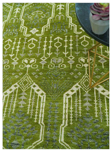 Contemporary Traditional Design Green And Beige Hand Knotted Custom Made Wool Rug