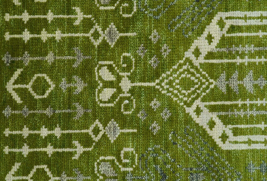 Contemporary Traditional Design Green And Beige Hand Knotted Custom Made Wool Rug