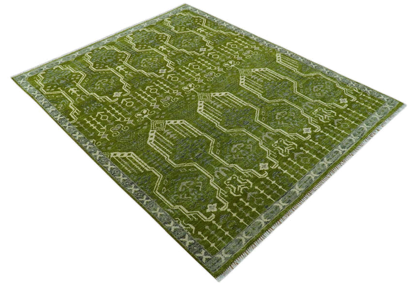 Contemporary Traditional Design Green And Beige Hand Knotted Custom Made Wool Rug
