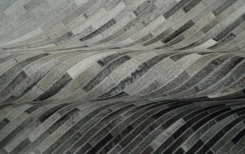 Custom Made Cowhide Leather Striped Gray and Silver Leather Rug, Modern Rug