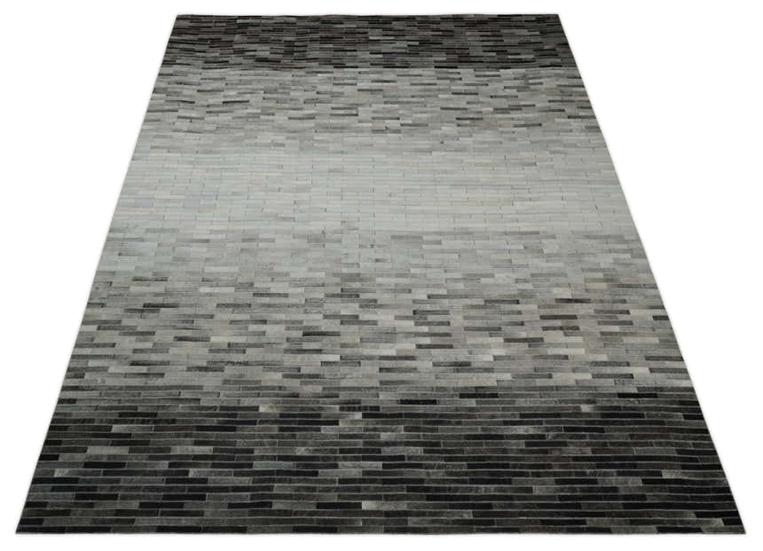 Custom Made Cowhide Leather Striped Gray and Silver Leather Rug, Modern Rug