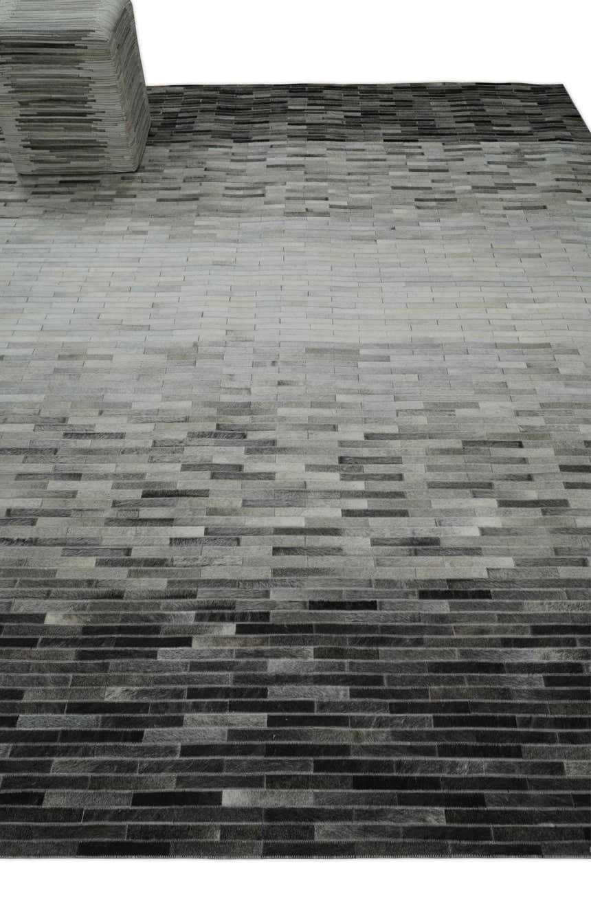 Custom Made Cowhide Leather Striped Gray and Silver Leather Rug, Modern Rug