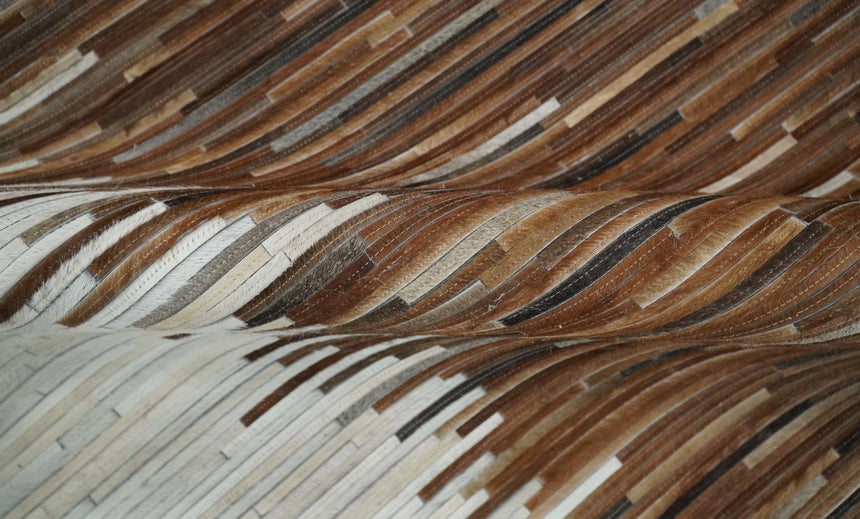 Modern Stripes Cowhide Leather Striped Tan Brown and Ivory Leather Multi Size Area Rug