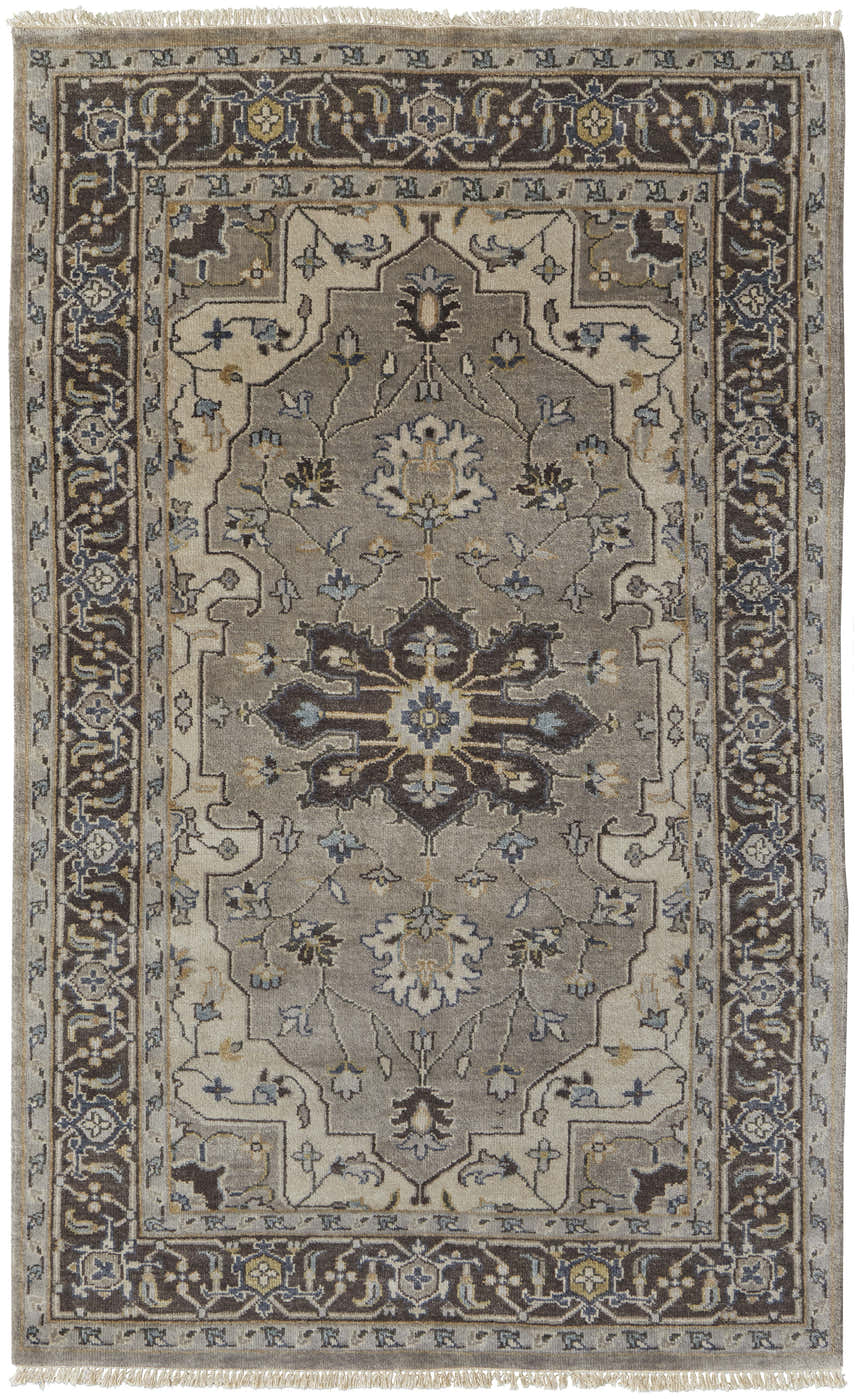 Close-up of the Feizy Ustad rug. Traditional Persian design in gray, taupe, and blue. Hand-knotted wool with fringe. Design-Rectangle