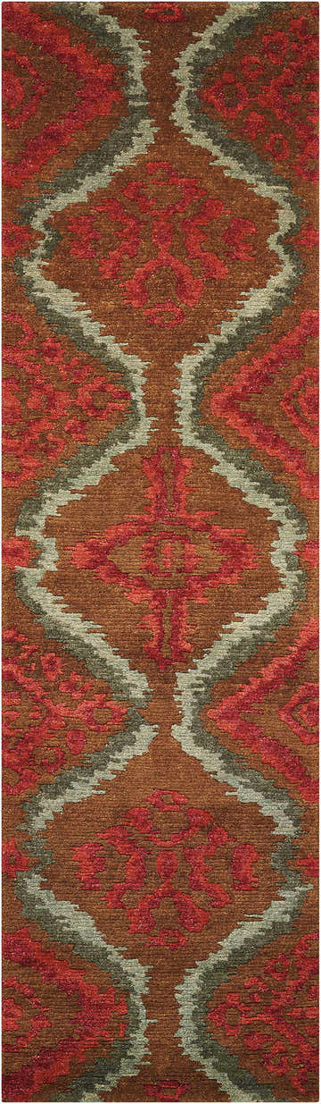 Close-up of Nourison Tahoe Brown Red Rug. Wool rug with mid-century modern design and brown, red, and gray colors.