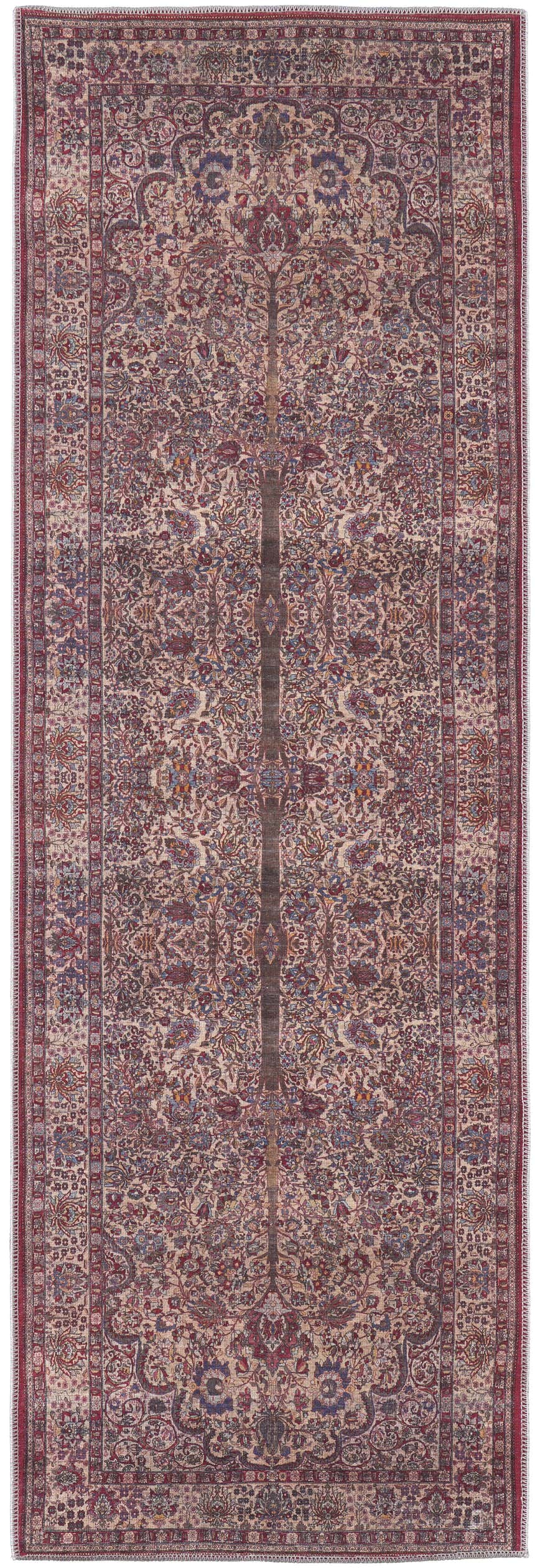 Close-up of the Feizy Rawlins Transitional Oriental rug. Red, tan, and pink vintage floral pattern. Design-Runner
