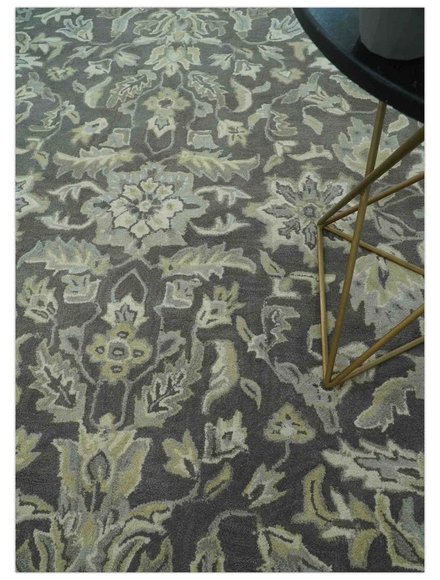 Custom Made Antique Design Charcoal and Beige Traditional Floral Hand Tufted rug