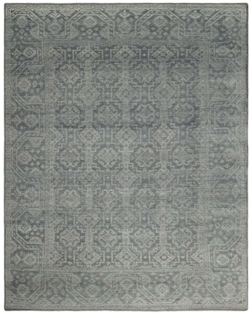 Custom Made Antique Finish Hand knotted Silver and Charcoal Wool Area Rug, Kids, Living Room and Bedroom Rug