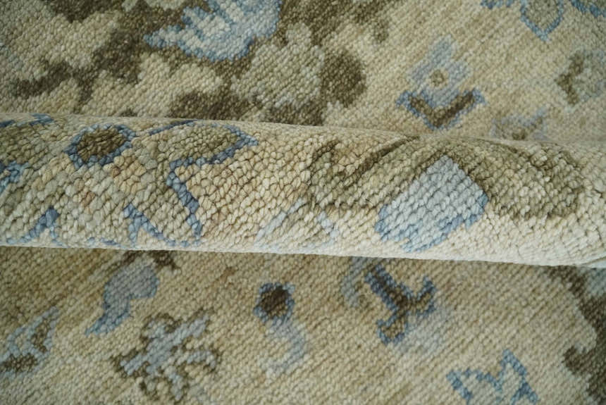 Custom Made Antique Style Beige and Blue Hand knotted Oushak wool Area Rug