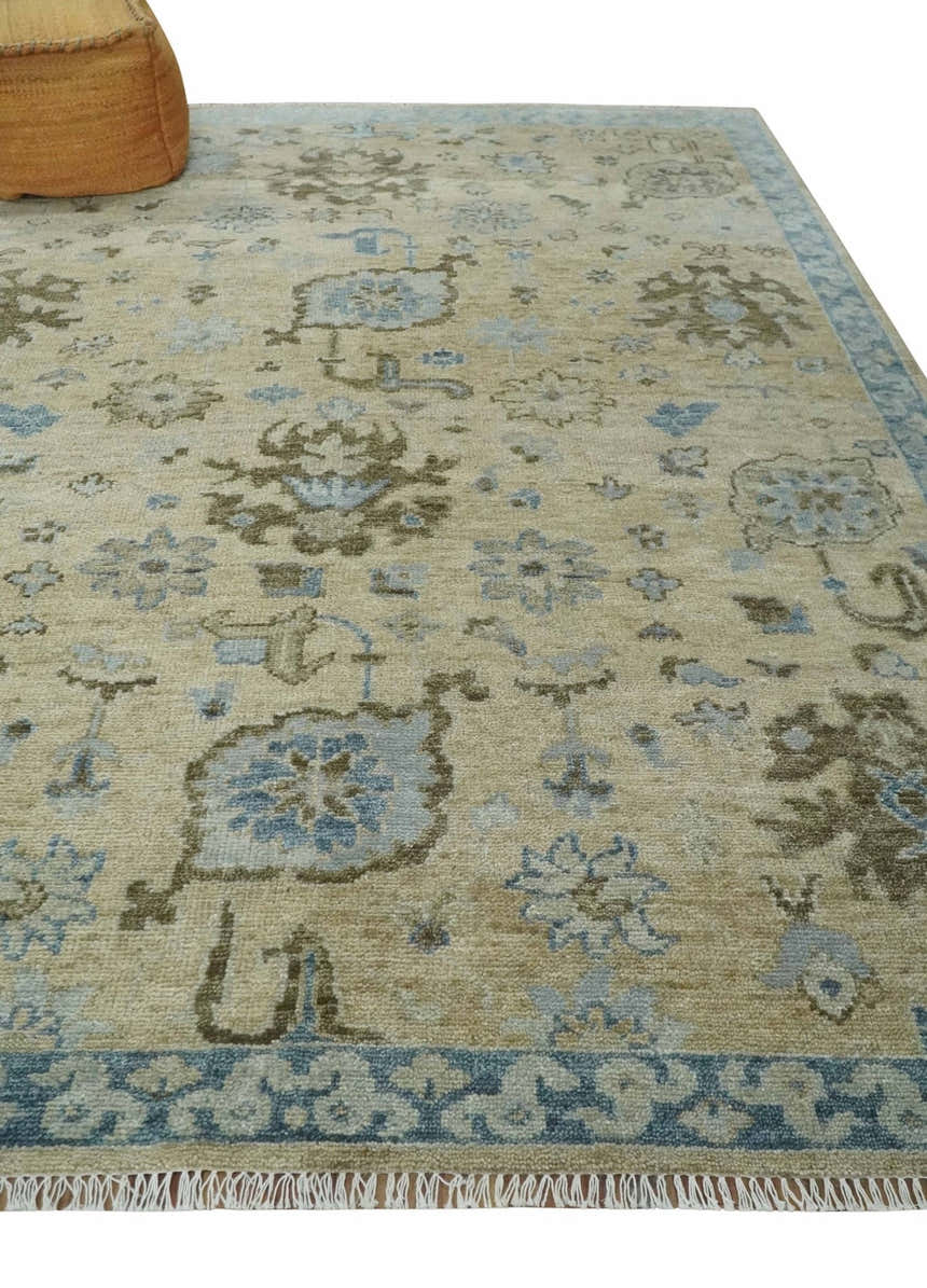 Custom Made Antique Style Beige and Blue Hand knotted Oushak wool Area Rug