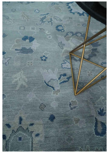 Custom made Antique style Blue and Silver Hand Knotted Oushak Wool Area Rug