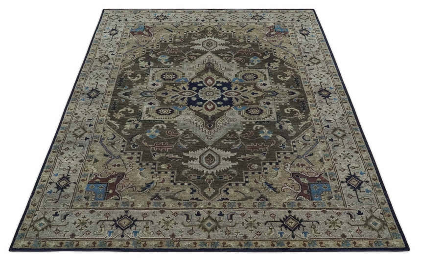 Custom Made Antique Style Brown, Beige and Blue Traditional wool Area Rug