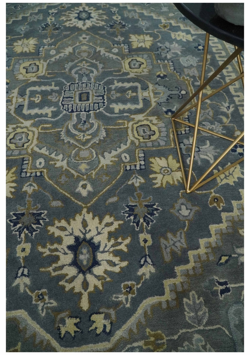 Custom Made Antique Style Gray, Blue and Beige Hand Tufted Traditional wool Area Rug