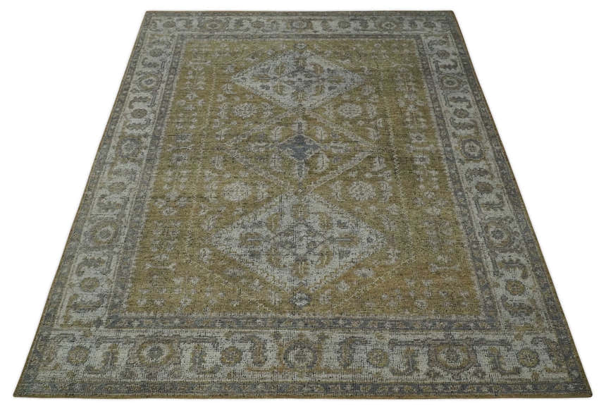 Custom Made Antique Style Hand Knotted Olive, Silver and Charcoal Traditional Wool Area Rug