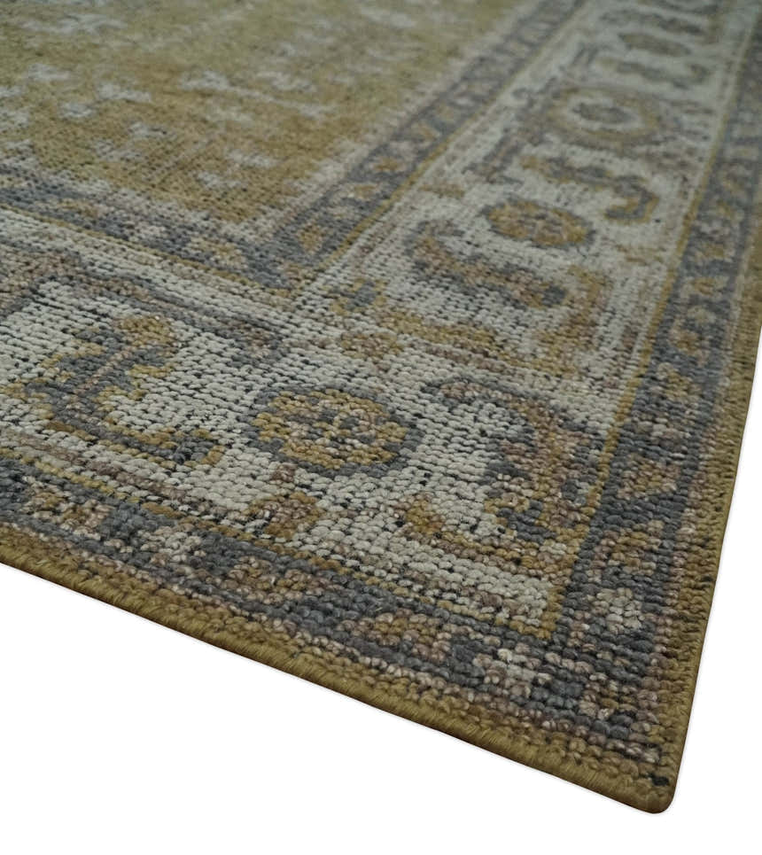 Custom Made Antique Style Hand Knotted Olive, Silver and Charcoal Traditional Wool Area Rug