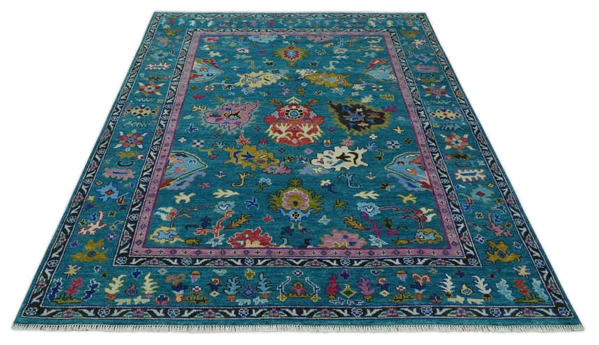 Custom Made Antique Style Hand Knotted Teal and Purple Traditional Oushak Multi Size Wool Rug