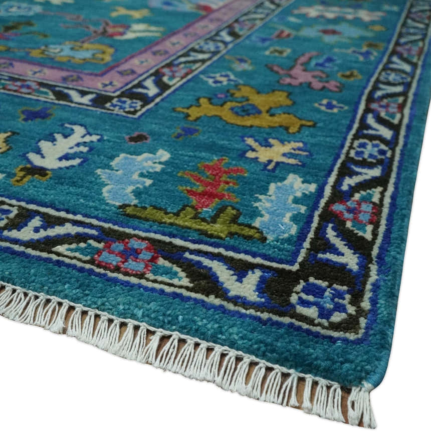 Custom Made Antique Style Hand Knotted Teal and Purple Traditional Oushak Multi Size Wool Rug